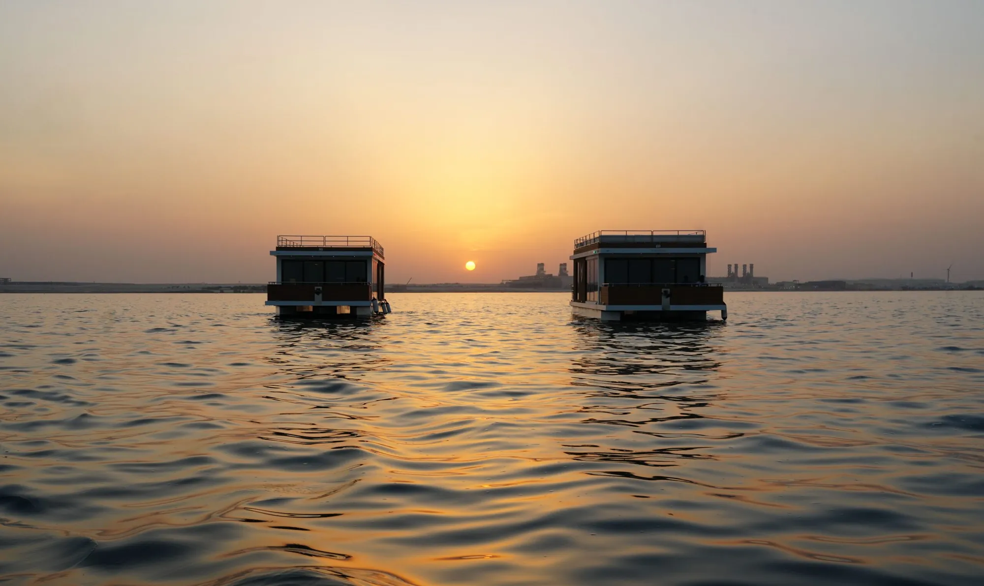 Two Aquator HotelYachts at anchor as the sun sets behind them