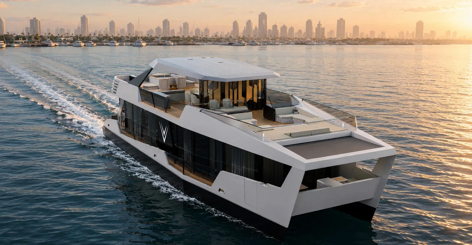 NERO 75 cruising at golden hour with a city skyline behind