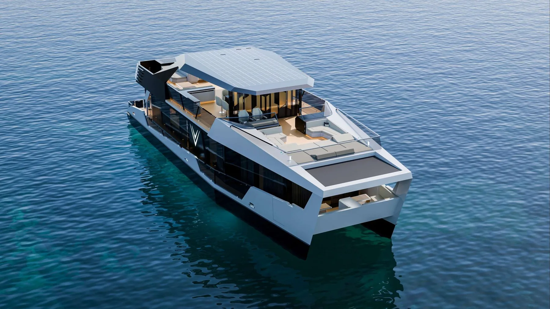 NERO 75 catamaran yacht cruising on deep blue water, seen from above