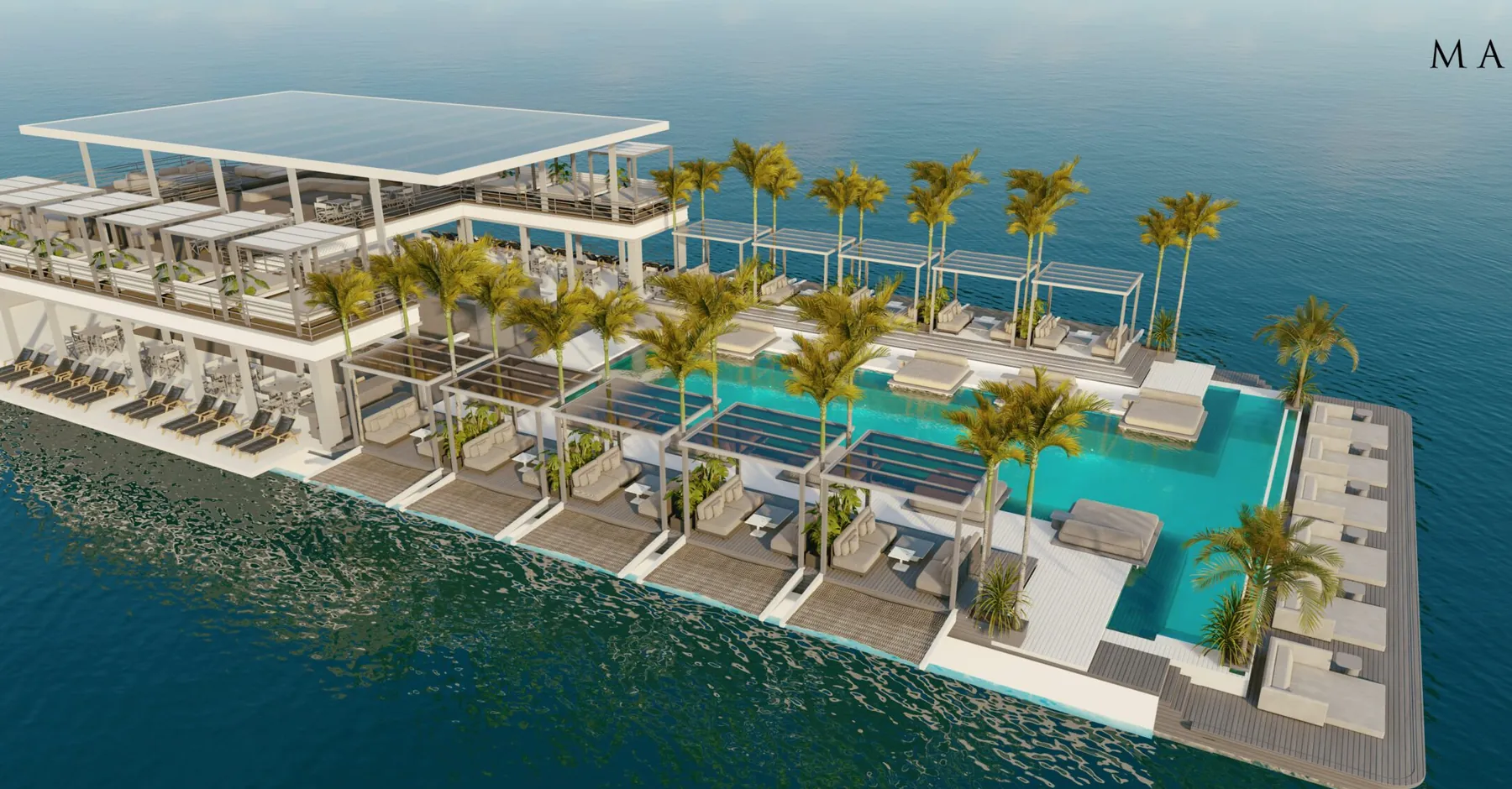 Gia floating beach club with a pool deck under pergolas
