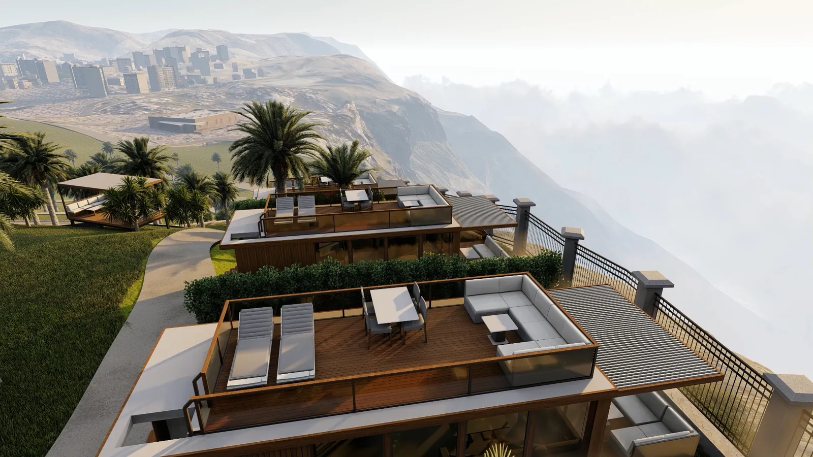 Prefabricated mountain lounges on a terraced hillside