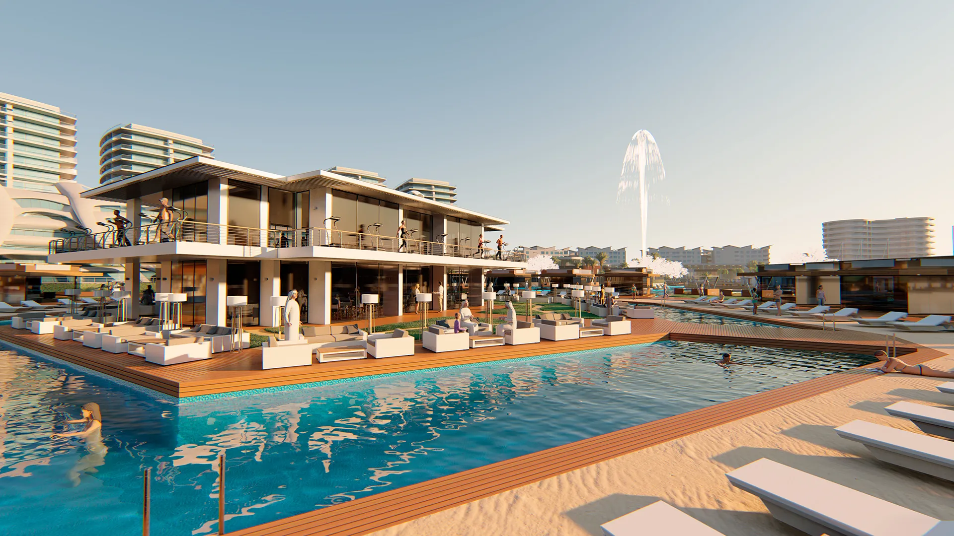 Floating spa and resort terraces with a pool, at sunset