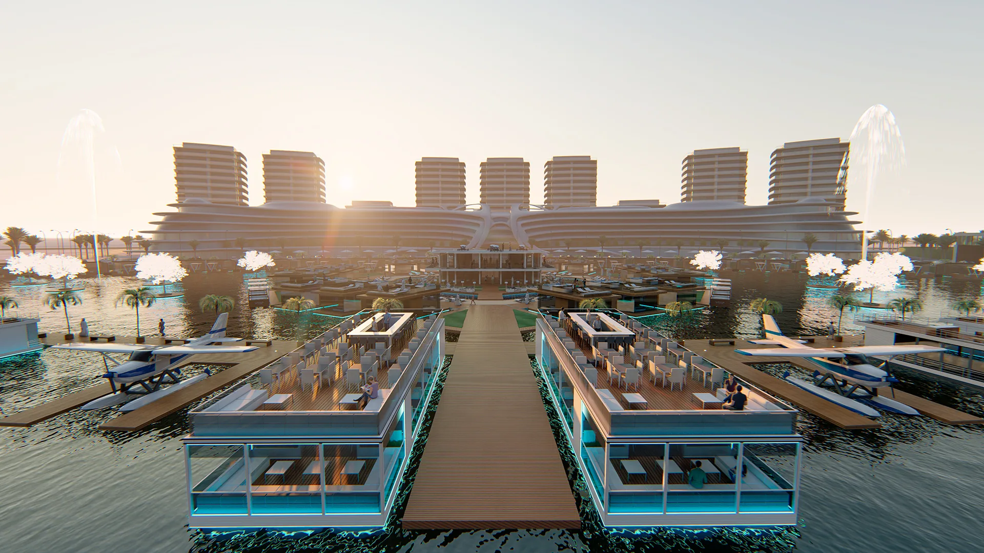 Floating spa and resort pavilions either side of a timber jetty at sunset
