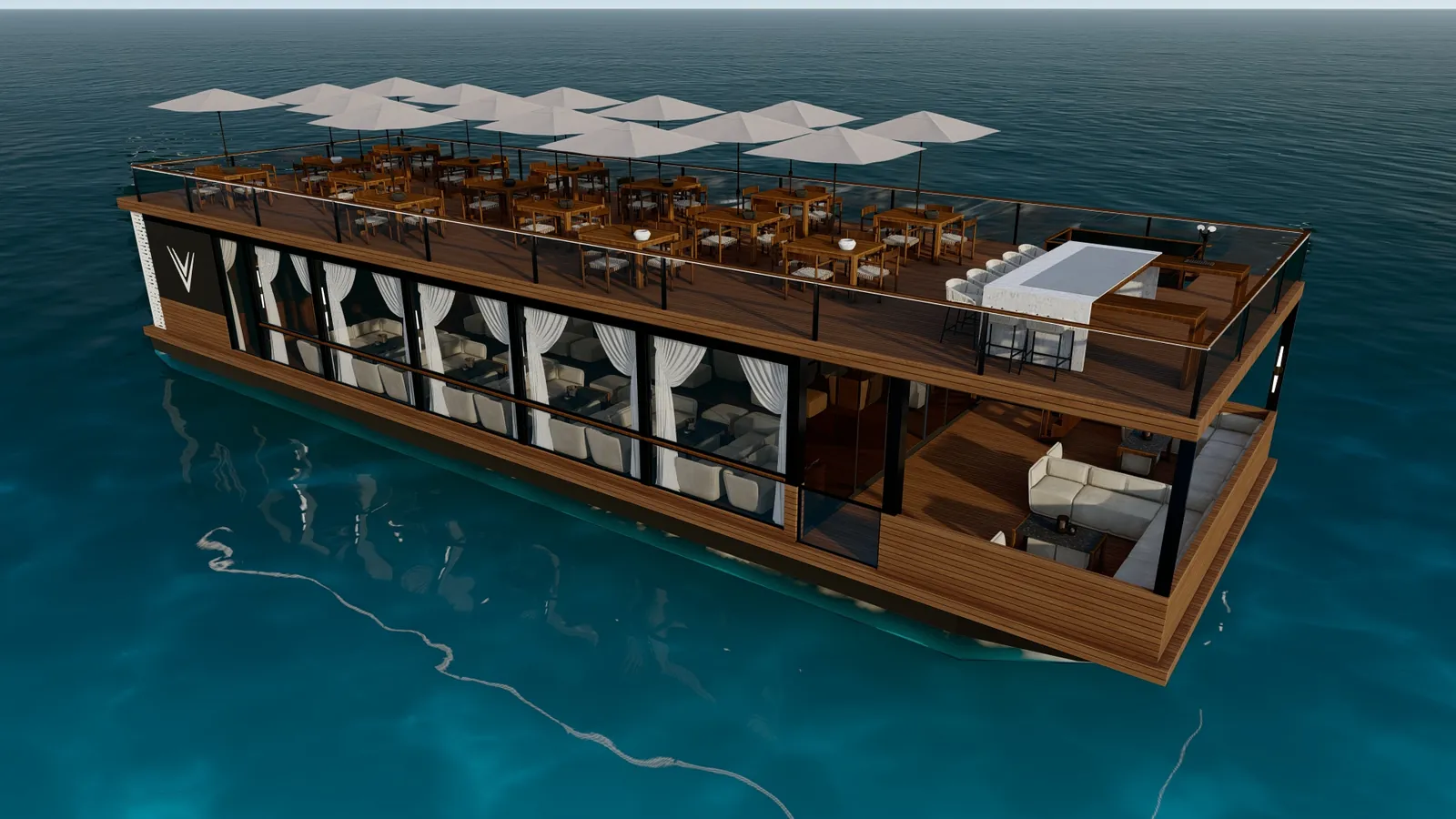 Two-deck restaurant boat with a shaded roof terrace