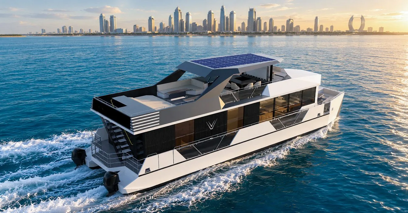 RISE 70 catamaran cruising at golden hour with a city skyline behind